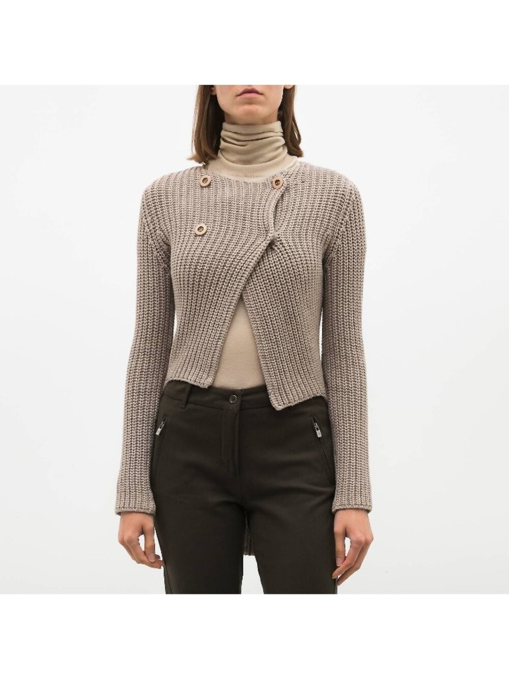 Brunello Cucinelli Taupe Rib Knit Double Breasted Hi-Low Cardigan,  Size XS
